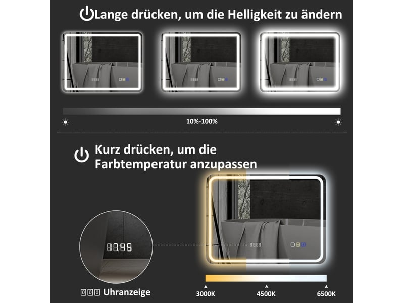  Miroir de salle de bain led 70x90 cm, miroir mural avec fonction musique bluetooth, horloge intégrée, anti-buée ip44 et 3 couleurs d'éclairage.  - Conforama C