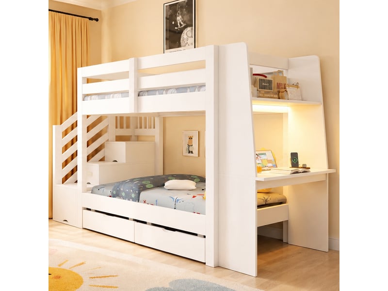 Lit mezzanine 90 × 200 cm 1 place avec bureau, étagères, 2 tiroirs et led réglable, sans matelas, blanc - Conforama C