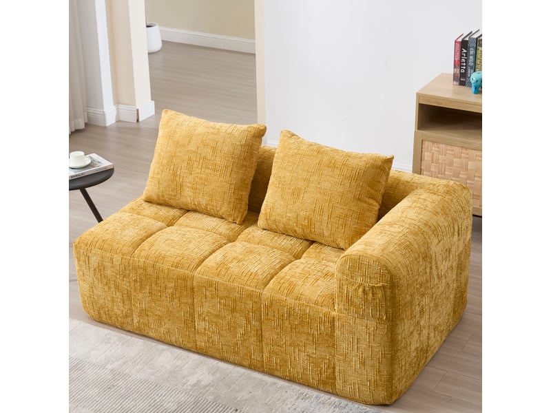  Canapé 158x90x60cm 2 places, rangement latéral, sans assemblage, meuble de salon, confort, revêtement chenille, jaune  - Conforama E
