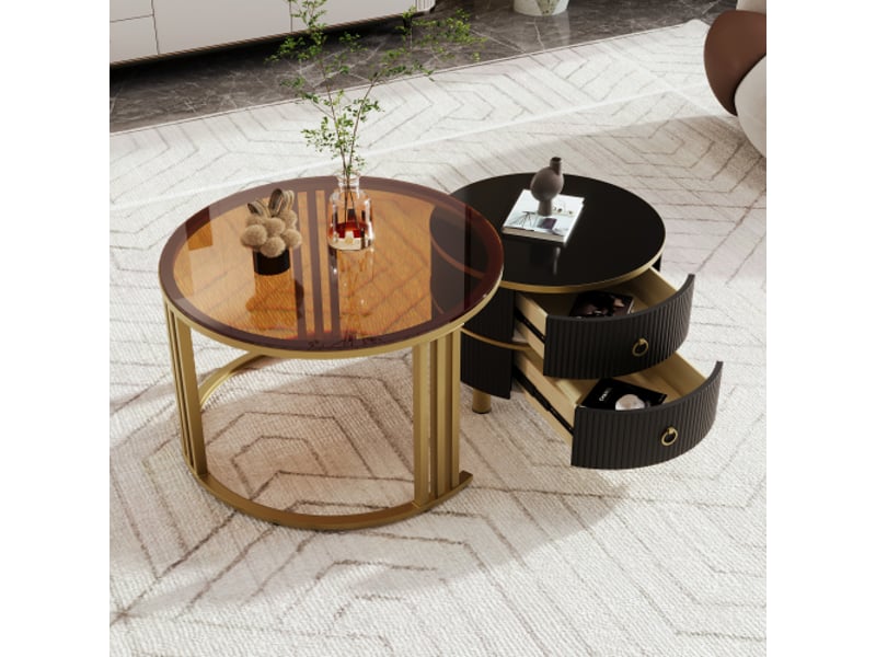 Table basse moderne ronde 2 en 1 mdf | plateau brillant et verre trempé marron, ensemble multifonction,noir - Conforama B