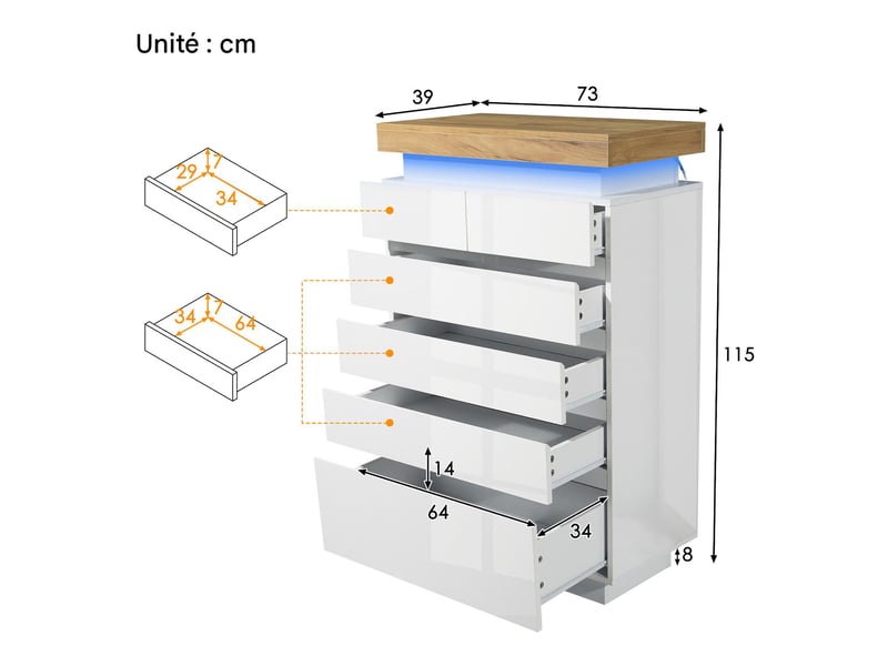  Commode 6 tiroirs avec éclairage led blanc brillant 73 x 39 x 115 cm  - Conforama C