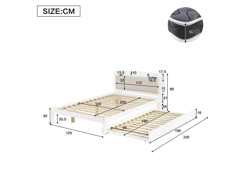 Lit fonctionnel 120x200 cm avec lit gigogne 90x190 cm, tête rembourrée, rangement ouvert, bois, blanc, sans matelas - Conforama C