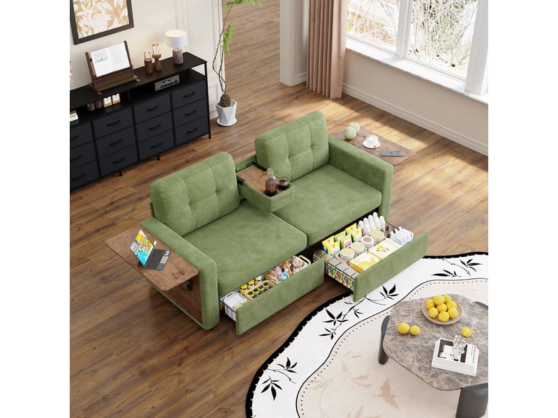  Canapé 2 places 178 x 71 x 57,5 cm, assise réglable, 2 rangements, tablette rabattable pour ordinateur, porte-gobelets, chenille, vert OMNIGLINT TRADING LTD - Conforama E