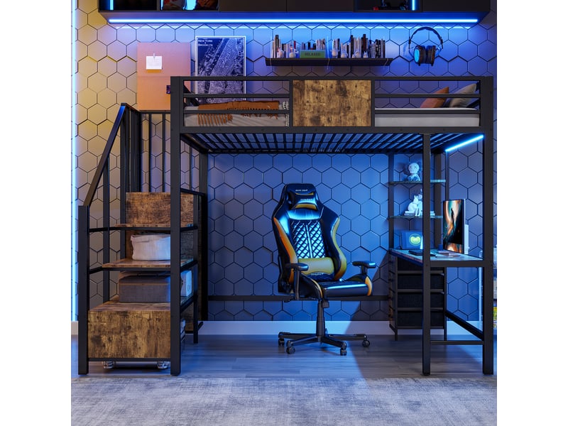 Lit superposé 140x200 cm, lit enfant, bureau, penderie, led, prise intégrée, métal noir - Conforama D