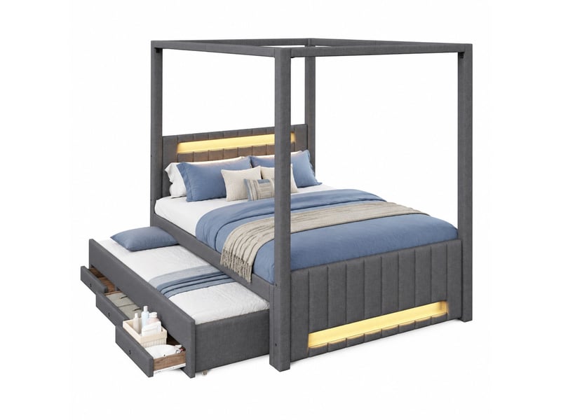  Lit baldaquin 140x200 cm gris avec lit gigogne, 3 tiroirs et led  - Conforama A