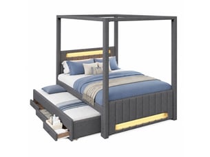 Lit baldaquin 140x200 cm gris avec lit gigogne, 3 tiroirs et led
