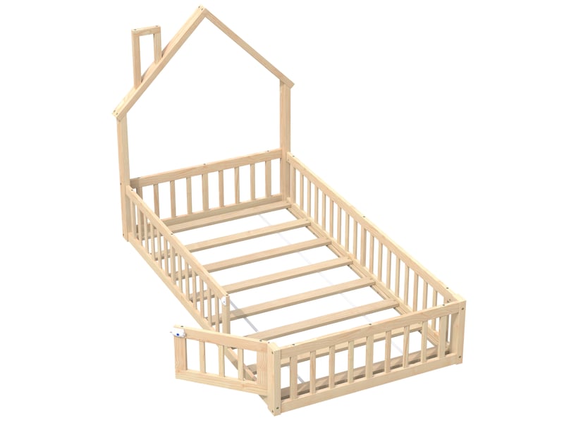  Lit maison enfant 90x200cm, forme cheminée, sommier lattes inclus, bois pin, sécurité 120kg, sans matelas, naturel  - Conforama W