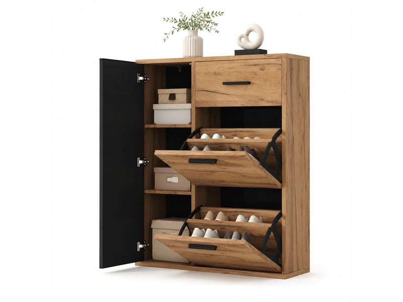 Meuble à chaussures 80x24x95,5 cm noir et naturel avec 2 abattants  - Conforama A