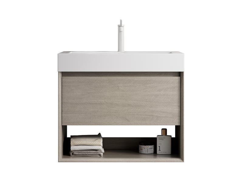  Meuble sous vasque suspendu avec 1 tiroir et niche ouverte pour salle de bain, chêne clair 70 × 46 × 60 cm  - Conforama A