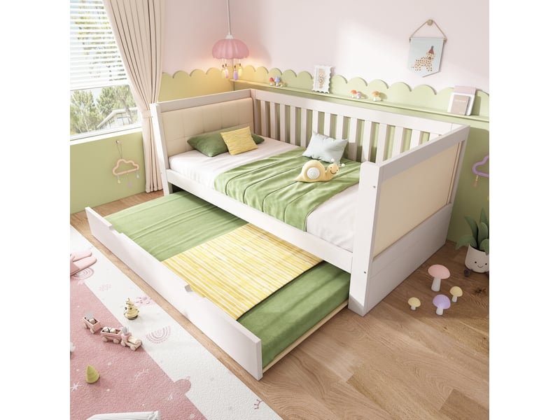  Modenvie lit gigogne 90x190 cm - en bois massif, avec dossier rembourré, sans matelas - blanc  - Conforama B