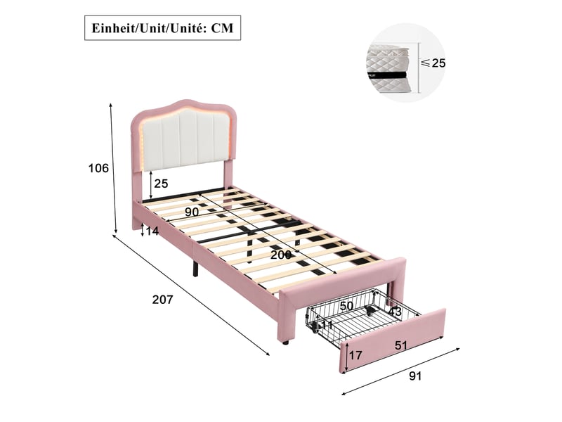  Lit enfant 90 × 200 cm 1 place avec tiroir, éclairage led commandé par application, sans matelas, en velours rose  - Conforama D