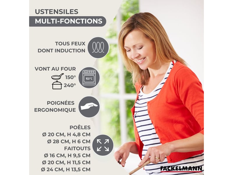 Lot 2 poêles 2028cm fackelmann geneva et 3 faitouts 162024cm avec 5 ustensiles fackelmann 9219250B - Conforama C