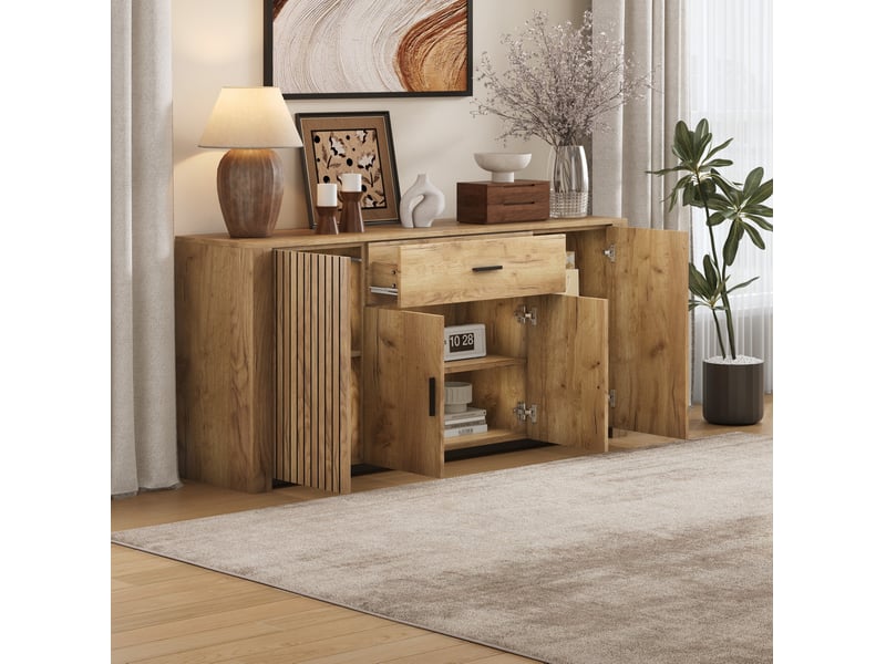 Buffet bas 160x40x75 cm chêne clair avec 4 portes et 1 tiroir - Conforama D