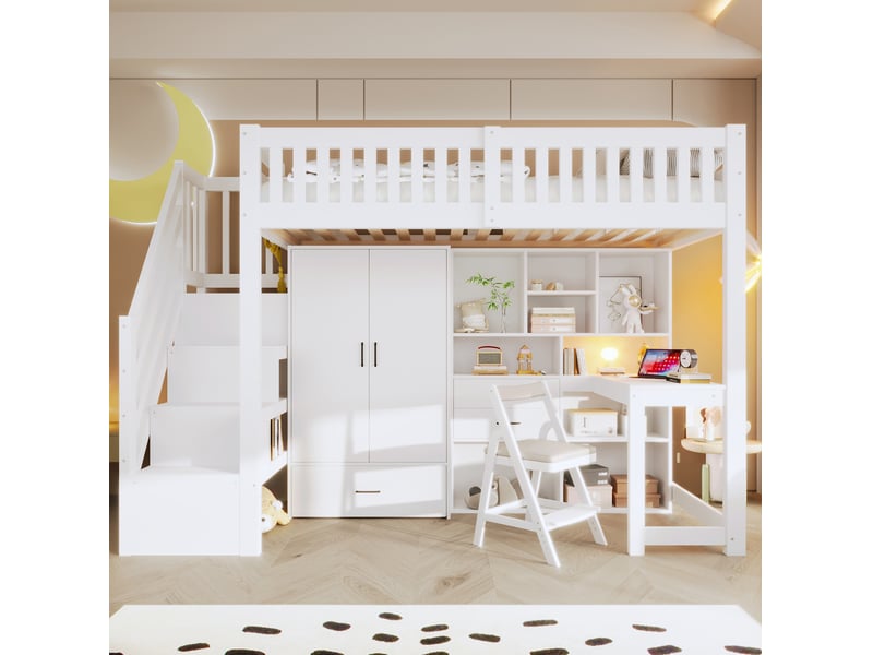 Lit mezzanine enfant 90x200 cm avec bureau, lit simple, armoire, tiroirs et rangement, bois et mdf, blanc, sans matelas - Conforama D