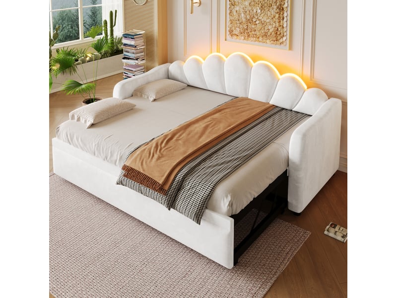  Lit gigogne multifonctionnel 90x200 cm led, lit enfant, lit simple avec tête de lit, mdf, velours blanc sans matelas  - Conforama D