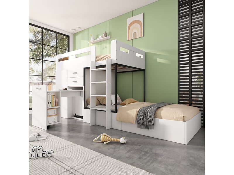 Lit superposés 90×200 cm avec bureau coulissant et penderie, lit enfant avec tiroir, étagères et échelles, lit 2 personnes en blanc - Conforama E