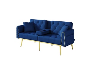 Canapé 2 places, transformable en lit, avec porte-gobelets, en velours, coloris bleu, l175 x p80 x h73,5 cm, pour salon et chambre