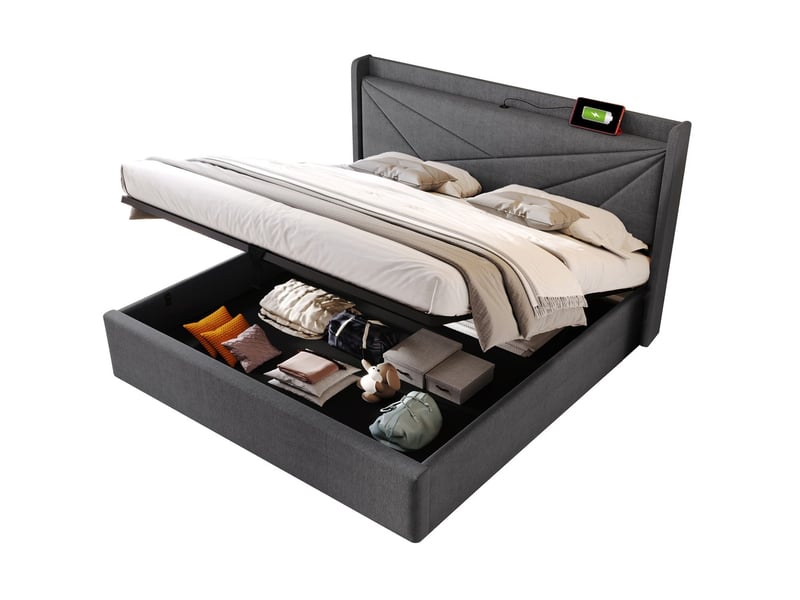  Lit coffre 160x200 avec matelas tiroir usb c chargeur tête de lit lin  - Conforama A
