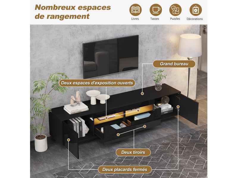  Meuble tv bas 180x40x45 cm avec 2 tiroirs, 2 portes de rangement et éclairage led, panneau particules, noir brillant  - Conforama D
