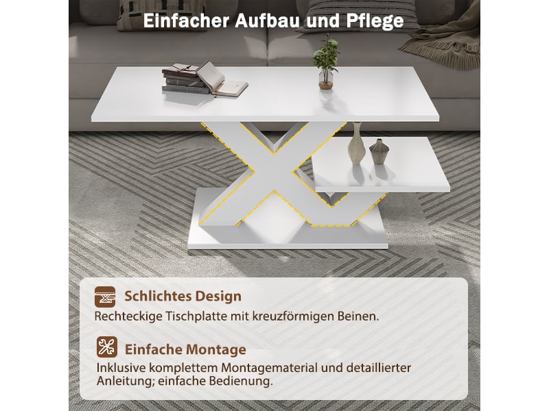  Table basse blanche brillante, table de salon rectangulaire en mdf avec double plateau de rangement et pieds géométriques en x, 100x48x45 cm  - Conforama R