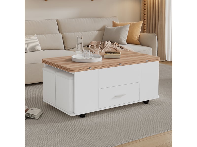  Table basse relevable convertible en table à manger, 4 tabourets intégrés, 100 x 100 cm  - Conforama D