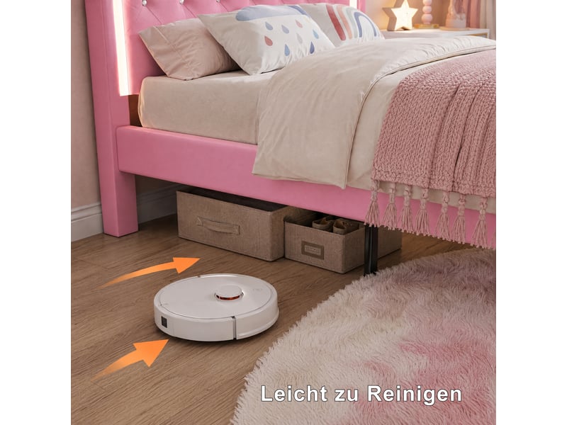  Lit simple enfant 90x200 cm avec led et 1 tiroirs - lit une place - tête de lit réglable en hauteur - pu - cuir -rose  - Conforama C