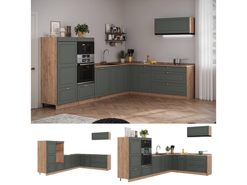Vicco cuisine en angle, vert or campagnechêne de force doré, 327x51.6cm sans pt - Conforama D