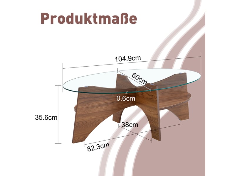  Table basse ovale avec plateau en verre de sécurité et tablette de rangement, supports en mdf finition noyer pour salon  - Conforama E
