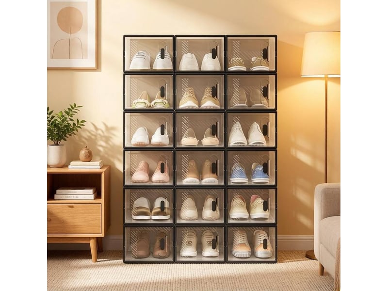  Lot de 18 boîtes à chaussures empilables en plastique transparent et noir  - Conforama D