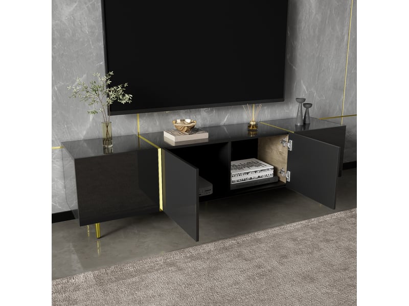  Meuble tv noir brillant et doré 170 x 35 x 46 cm, 4 portes à fermeture douce  - Conforama D