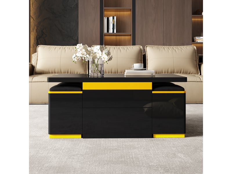  Table basse relevable avec 1 tiroir, niches ouvertes et 4 tabourets de rangement, en mdf, 100 × 50 × 43 cm, noir - uvrion  - Conforama D