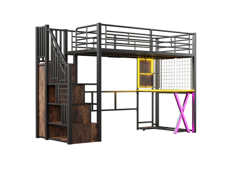  Lit mezzanine noir 90x200 cm avec led, bureau, armoire, étagères et échelle rangement  - Conforama D