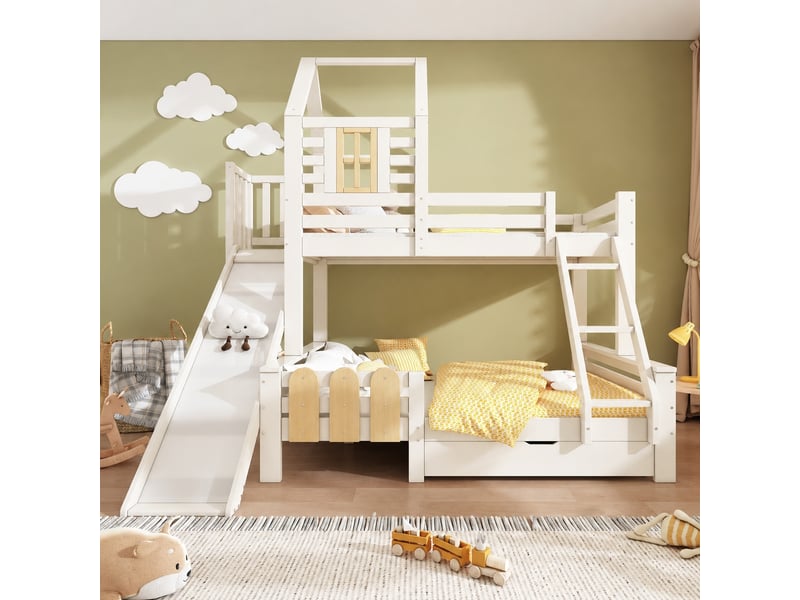 Lit superposé 90x200 et 140x200cm avec toboggan et tiroir, bois massif + mdf, blanc et naturel - Conforama E
