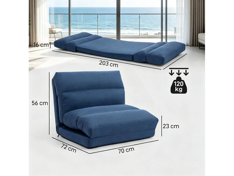 Fauteuil de sol convertible avec dossier réglable 5 positions et couchage d'appoint en polyester bleu foncé - Conforama C