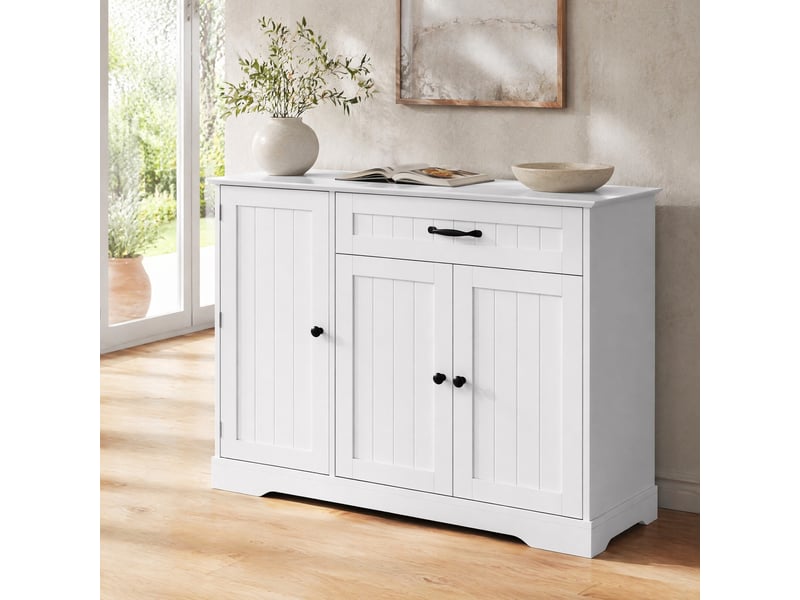  Buffet bas meuble d'entrée 107x40x84 cm avec 3 portes 1 tiroir, mdf blanc, large poignées structure en métal, style minimaliste  - Conforama B
