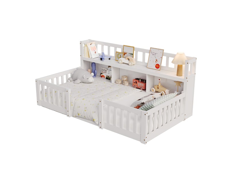  Lit enfant 90x200 cm avec rangements et bibliothèque,lit au sol avec barrières de sécurité,lit simple,pin massif, blanc  - Conforama A