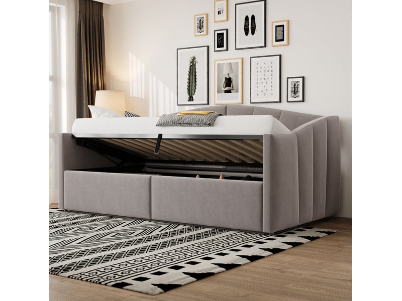  Lit enfant 90 x 200 cm, rangement grand volume, dossier et accoudoirs, tissu velours gris clair sans matelas  - Conforama B