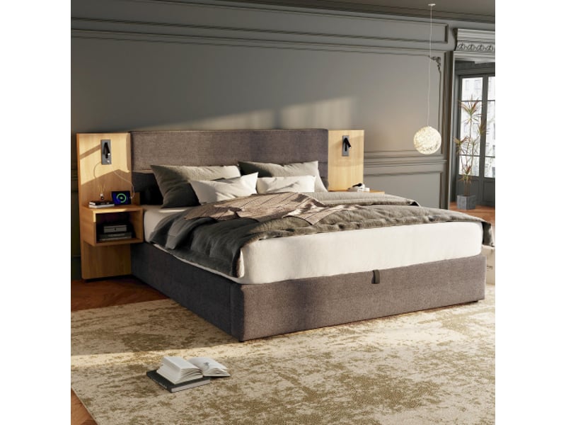  Lit velours gris 160x200 cm, tête large, led et usb, 2 tables de chevet avec rangements, sommier à lattes bois  - Conforama B