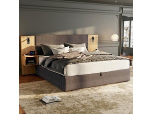 Lit velours gris 160x200 cm, tête large, led et usb, 2 tables de chevet avec rangements, sommier à lattes bois