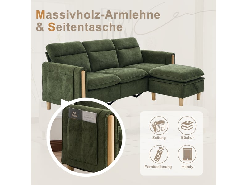  Canapé 3 places style nordique en l avec pouf à rangement, pochettes latérales, pieds en bois, chenille vert  - Conforama E