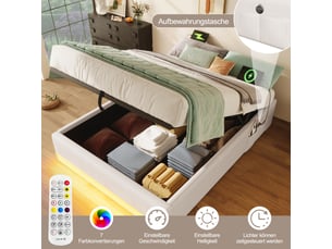 Lit coffre rembourré 90 x 00 cm- bande lumineuse led + chargement usb- sans matelas - lin - beige