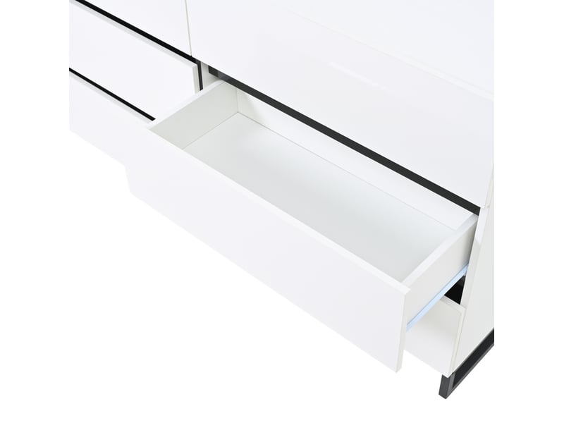  Commode bas 6 tiroirs 140 x 39,5 x 78,5 cm rangement optimal pieds métal symétrie 60kg panneau particules blanc et noir  - Conforama E