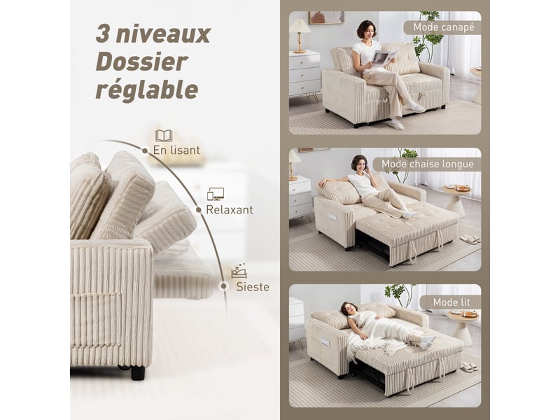  Canapé convertible 2 places canapé-lit en velours côtelé 157x190cm crème dossier réglable poches latérales et 2 coussins  - Conforama E