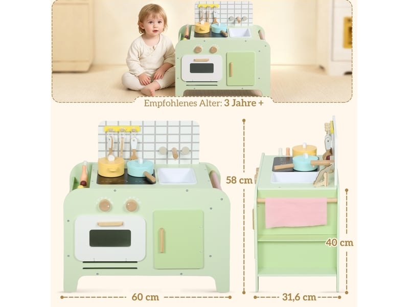  Jeu de cuisine pour enfants avec 15 accessoires, verre, 60 x 31,6 x 58 cm, dès 3 ans, vert  - Conforama C