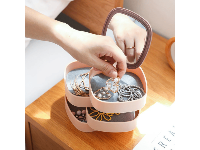  Boîte à bijoux rotative à 4 niveaux coffret de rangement pour bagues boucles d'oreilles et colliers organisateur portable multifonction en plastique  - Conforama E