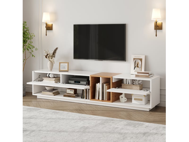 Meuble tv bas blanc à led avec 3 portes, rangement ouvert et gestion des câbles, style moderne pour le salon - Conforama E