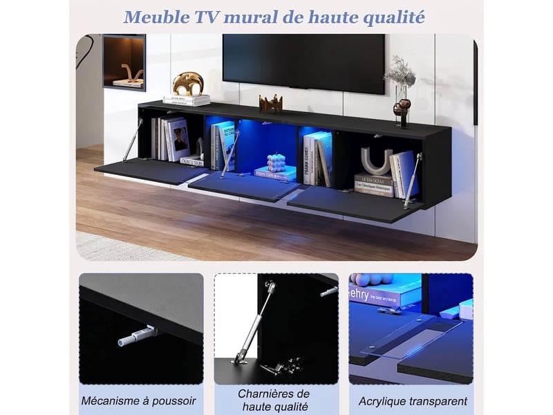  Meuble tv mural noir brillant 180 cm avec led et commande par application, pour tv jusqu'à 75 pouces  - Conforama E