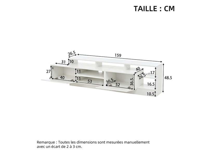  Meuble tv 190 cm blanc brillant avec led pour tv jusqu'à 70 pouces, 2 portes abattantes et rangement ouvert  - Conforama C