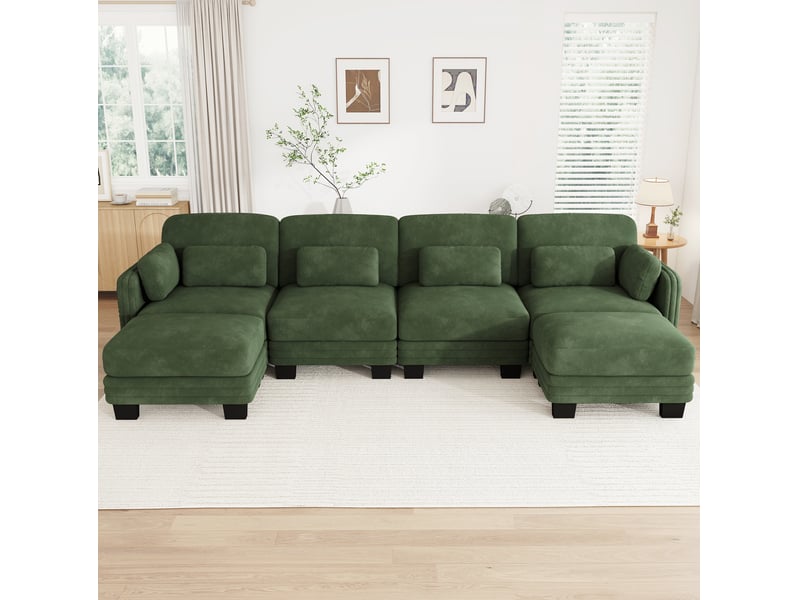  Canapé modulable 4 places modenvie en u avec 2 poufs, assise large et profonde, revêtement en chenille, 330 x 143 x 88 cm, vert  - Conforama D