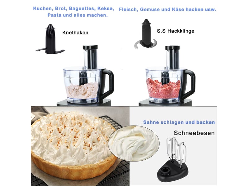  Robot de cuisine multifonction 1100 w avec bol 3,2 l et récipient 1,5 l, 3 vitesses, fonction pulse et accessoires  - Conforama W
